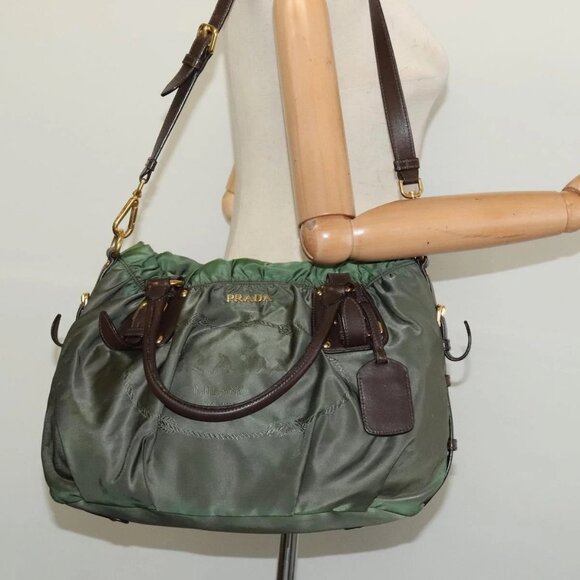 PRADA Hand Bag Nylon 2way Green Gold Auth - Picture 1 of 16